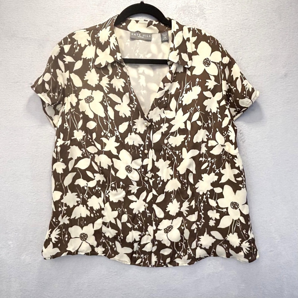 Kate‎ Hill Pearl Button-Up Silk Blouse Womens 18W Brown Floral Top Short Sleeve